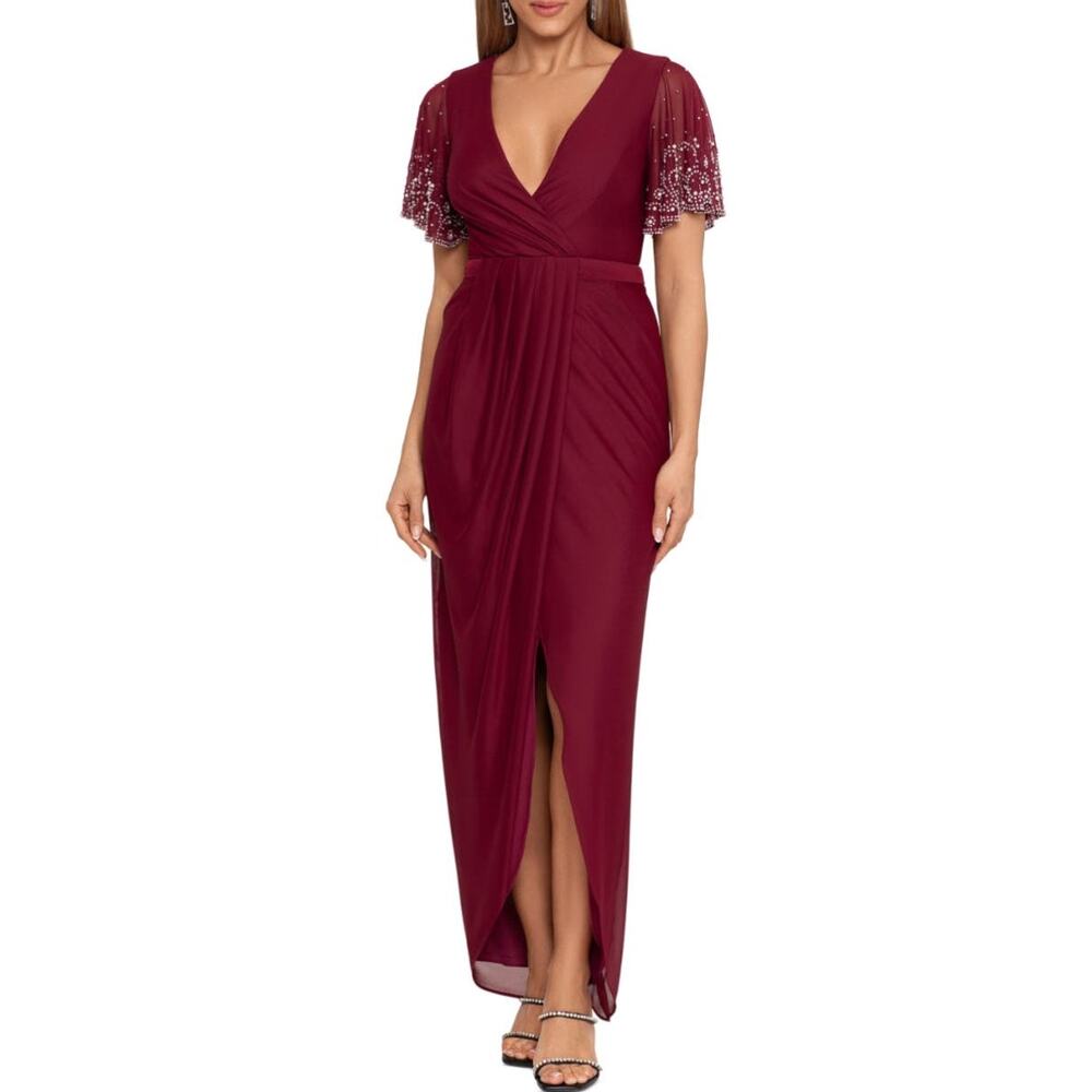 Betsy & Adam Burgundy Red Evening Gown Short Sleeve V-Neck Column Dress Size 6
